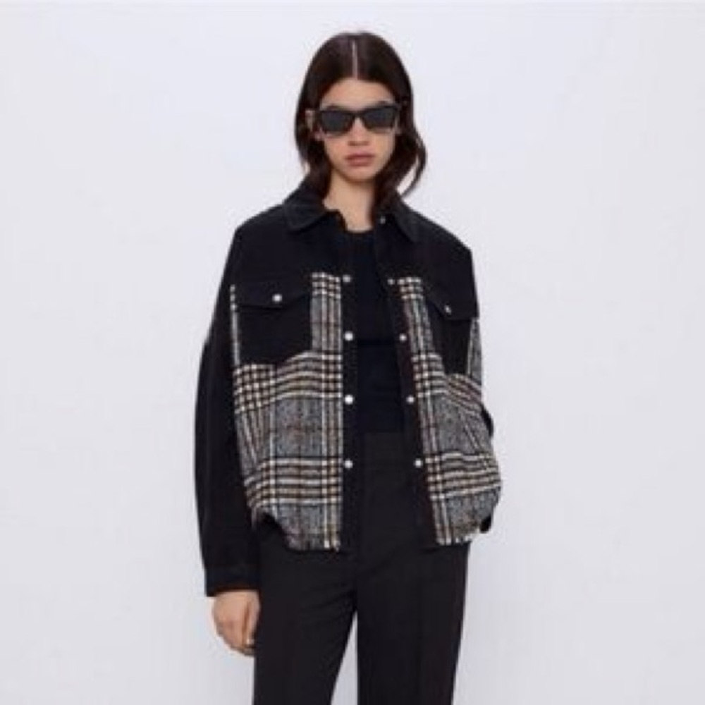 Zara Denim and Tweed Snap Front Shirt Jacket Size Small